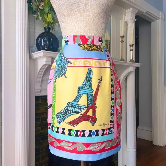 VINTAGE LOUIS FERAUD Silk “Paris Scarf” Print High Waisted Pencil Skirt Size 10 - Picture 2 of 14